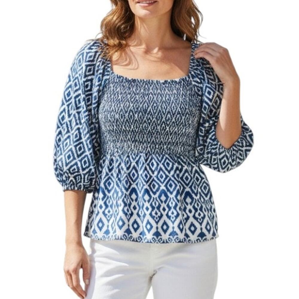 Eclair Blue and White Geometric Smocked Baby Doll Peplum Top, Size XL